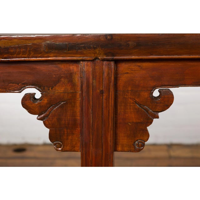 Brown Chinese Late Qing Dynasty Altar Console Table with Lateral Pierced Tree Motifs For Sale - Image 8 of 13