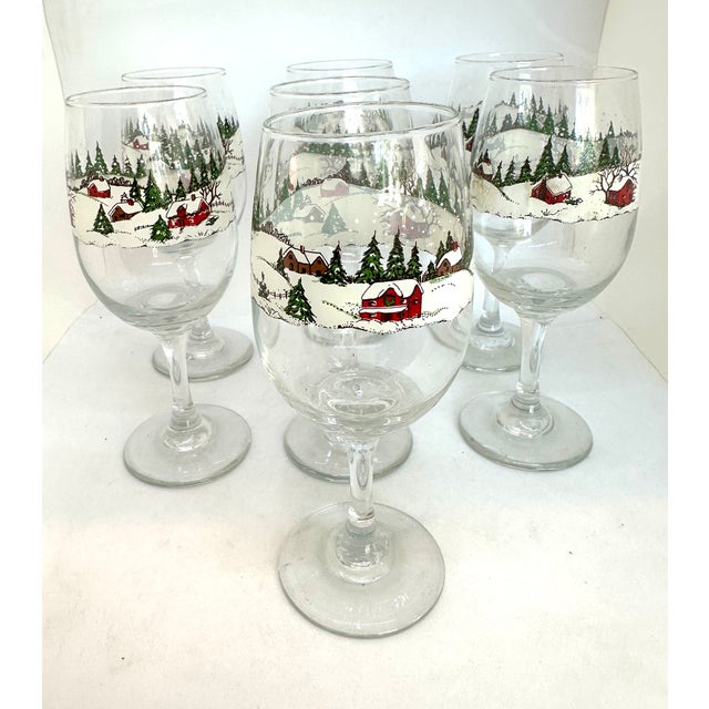 Libbey Glass Co. 1960s Libby Winter Village Wine/Water Goblet Set of 7 For Sale - Image 4 of 4