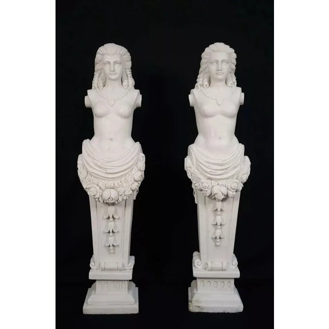Antique Neoclassical Style Carved Italian Carrara Marble Female Torso Statues - (Pair) with great detail and precise...