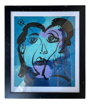 1970s Abstract Face Acrylic Painting by Peter Keil, Framed