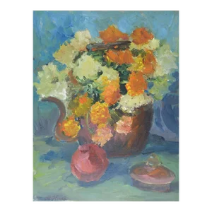 Vintage Mid Century Orange & White Floral Still Life Painting
