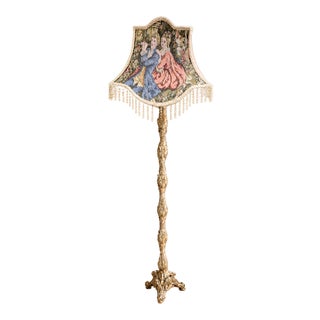 French-Style Gilded Floor Lamp – Scenic Tapestry Shade With Crystal Fringe & Ornate Gold Leaf Stand For Sale