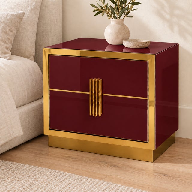 Gold Burgundy Glass Bedside Cabinets with Brass Handles from Justfurnituress SRL, Set of 2 For Sale - Image 8 of 11
