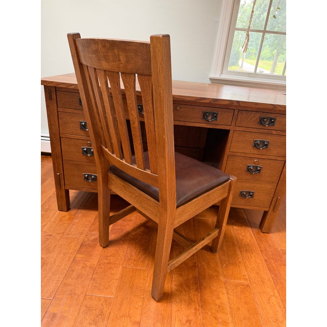 Craftsman Stickley Junior Executive Oak Desk and Cottage Chair With Leather Seat For Sale - Image 11 of 17