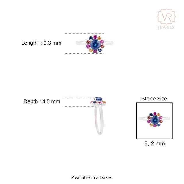 Natural Blue Sapphire & Rainbow Sapphire Floral Cluster Ring Size 5 in 14k Gold For Sale - Image 9 of 14