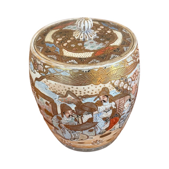 Mid 20th Century Mid 20th Century Japanese Satsuma Style Lidded Jar Hand Painted Moriage Figural Decor For Sale - Image 5 of 11