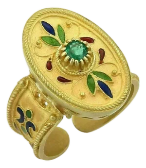 Mid 20th Century Emerald 18k Yellow Gold Enamel Flowers Oval Cuff Band Ring - Size 6.5