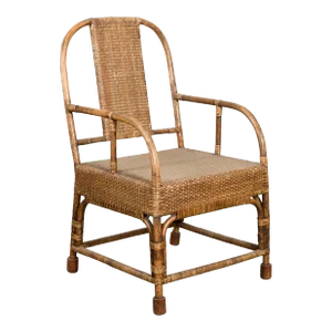 Country Style Burmese Vintage Hand-Woven Rattan Armchair with Rounded Back