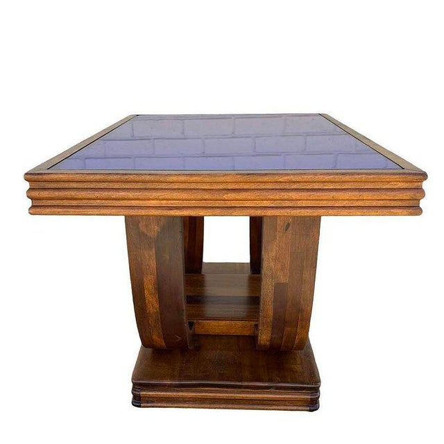 Wood 1930s Streamline Art Deco Double Arch Rosewood Coffee Table W/ Colbalt Blue Glass Top For Sale - Image 7 of 11
