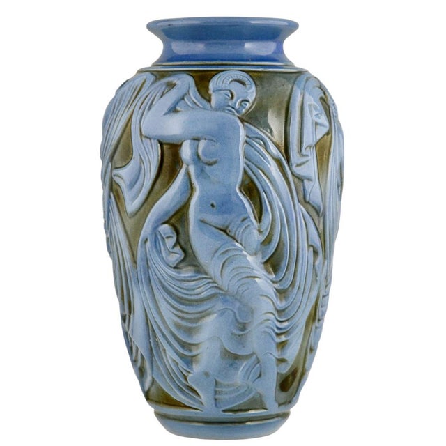 Art Deco Blue Ceramic Vase with Dancers by Georges Condé for Mougin Frères, 1930s For Sale - Image 4 of 9
