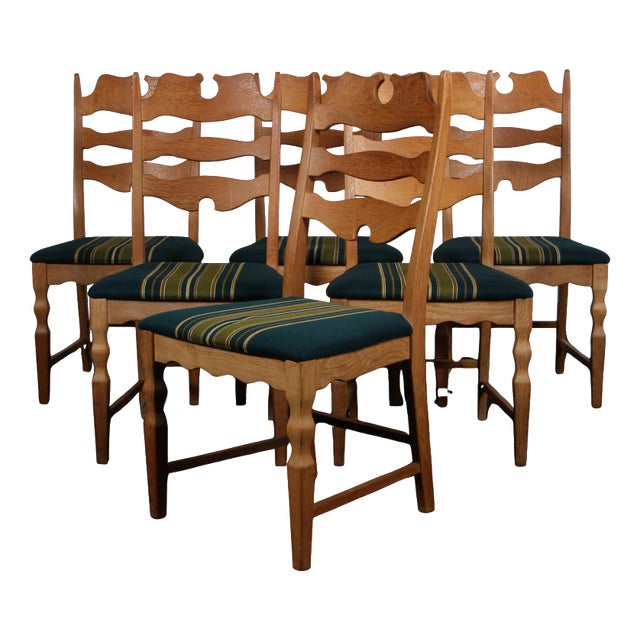 Dining Chairs in Oak and Wool by Henning Kjærnulf, 1970s, Set of 6 For Sale