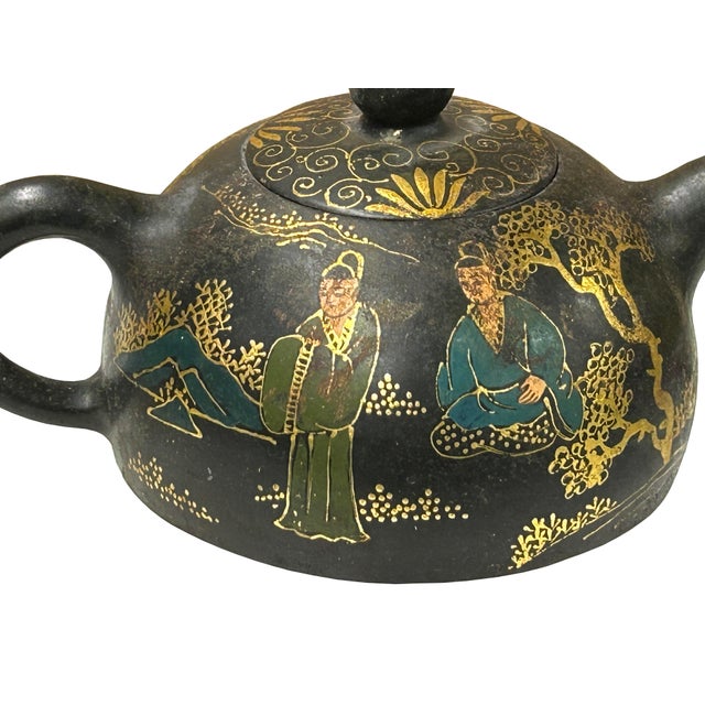Black Vintage Chinese Black Golden Graphic Zisha Clay Teapot Art Display For Sale - Image 8 of 10