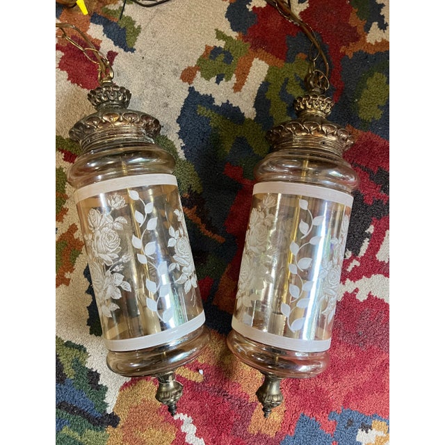 1970s Pair of 1970s Glass Pendant Lights With Floral and Brass Accents For Sale - Image 5 of 12