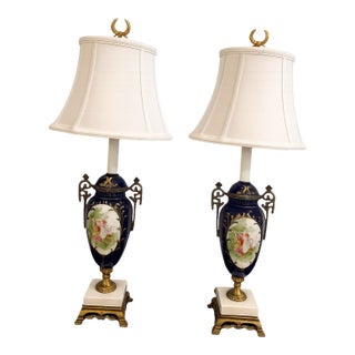 Late 19th Century Sevres Style Blue Porcelain Gilt Bronze Mounted Lamps- Hand Painted - a Pair For Sale