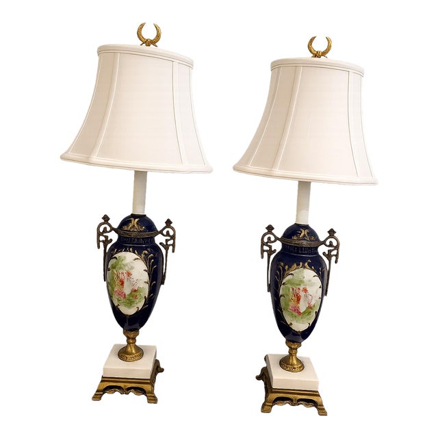 Late 19th Century Sevres Style Blue Porcelain Gilt Bronze Mounted Lamps- Hand Painted - a Pair For Sale