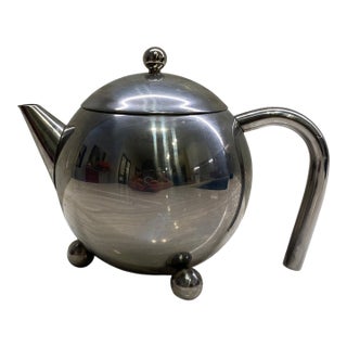 Vintage Postmodern Stainless Steel Teapot With Orb Feet | Space Age Modernist Serving Piece For Sale