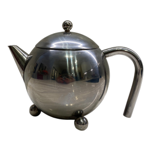 Vintage Postmodern Stainless Steel Teapot With Orb Feet | Space Age Modernist Serving Piece