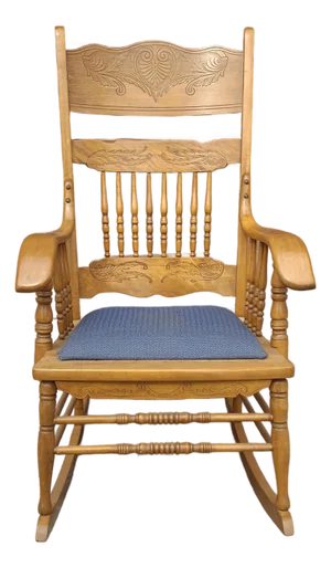 Early 20th Century Carved Oak Press Back and Upholstered Seat Rocker Chair