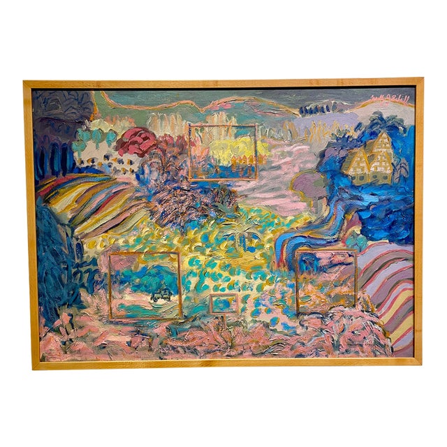Vintage 60s Molly Schiff Pastel Colorful Abstract Whimsical Landscape Oil Painting on Canvas For Sale