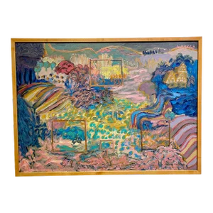 Vintage 60s Molly Schiff Pastel Colorful Abstract Whimsical Landscape Oil Painting on Canvas