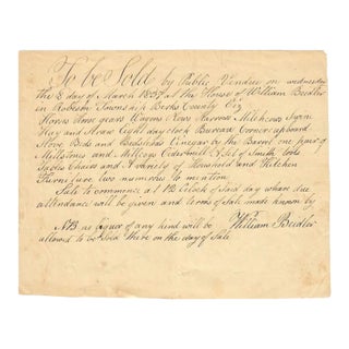 1837 Berks County, Pennsylvania Hand-Penned Auction Broadside – A "Dry" Estate Sale! For Sale