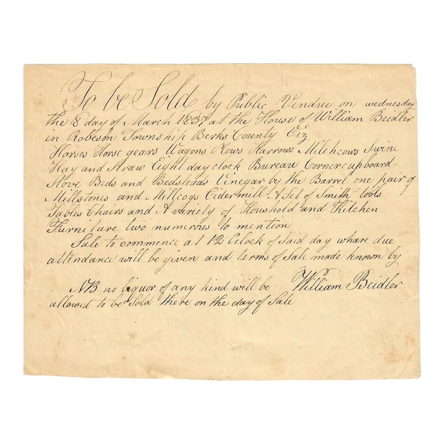 1837 Berks County, Pennsylvania Hand-Penned Auction Broadside – A "Dry" Estate Sale! For Sale