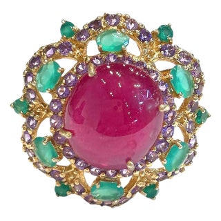 Bochic "Capri" Vintage Ruby, Amethyst & Emerald Cocktail Ring 18K Gold & Silver For Sale