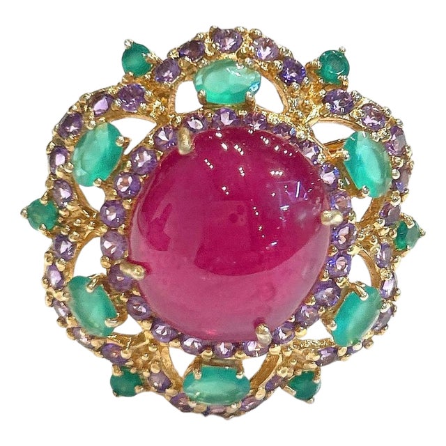 Bochic "Capri" Vintage Ruby, Amethyst & Emerald Cocktail Ring 18K Gold & Silver For Sale