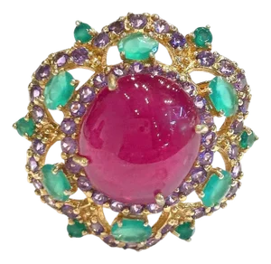 Bochic "Capri" Vintage Ruby, Amethyst & Emerald Cocktail Ring 18K Gold & Silver