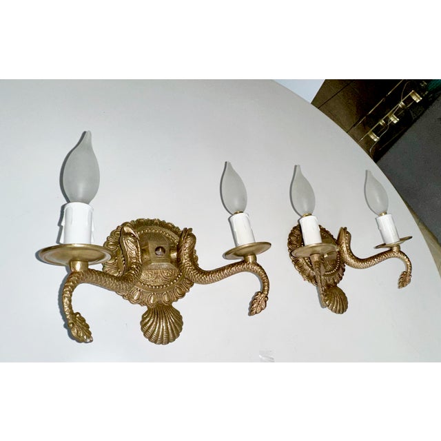 Brass Pair Neoclassic Dolphin Shell Brass Wall Sconces For Sale - Image 8 of 14