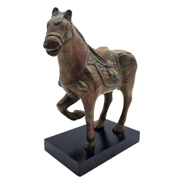 Bronze Late 20th Century Chinese Tang-Style Patinated Metal Horse Sculpture on Black Plinth For Sale - Image 8 of 17