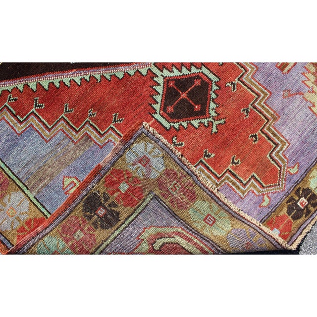 Vintage Turkish Oushak Medallion Gallery Rug in Red, Indigo, Lavender, and Mint 4'4 X 11'10 For Sale In Atlanta - Image 6 of 6
