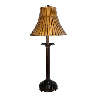 Vintage Split Reed Bamboo Table Lamp With Original Split Bamboo and Parchment Shade and Finial For Sale