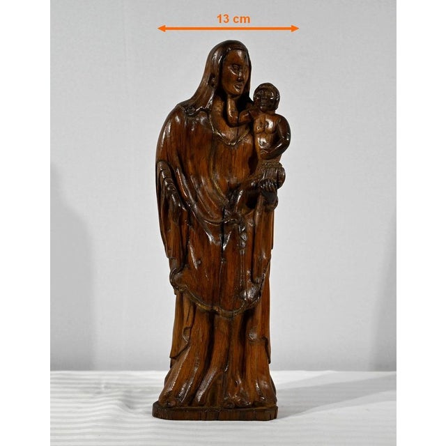 Olive Wood Virgin & Child Sculpture, Late 19th Century For Sale - Image 13 of 16