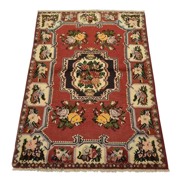 Bakhtiari Rug 3’6” X 4’9” Red Wool Vintage Traditional Hand-Knotted Carpet For Sale