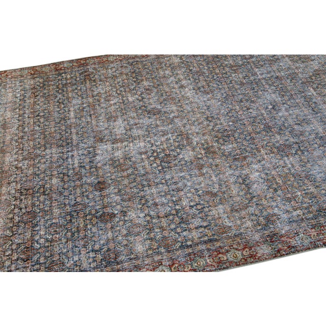 Antique Malayer Handmade Allover Floral Pattern Blue Wool Runner For Sale In New York - Image 6 of 9