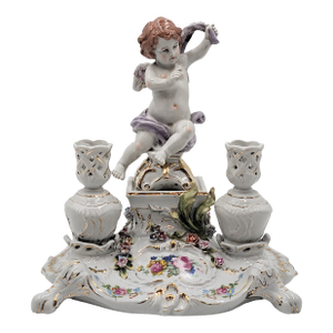 Antique 19th Century Porcelain Candle Holder Stand With Cherub & Flowers, Stamped
