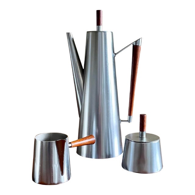 Italian Mid-Century Modern Stainless Steel & Teak Coffee Tea Service - 3pc. Set For Sale