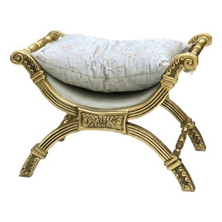 Baroque Style Bench Gold Leaf Details Damask Fabric For Sale