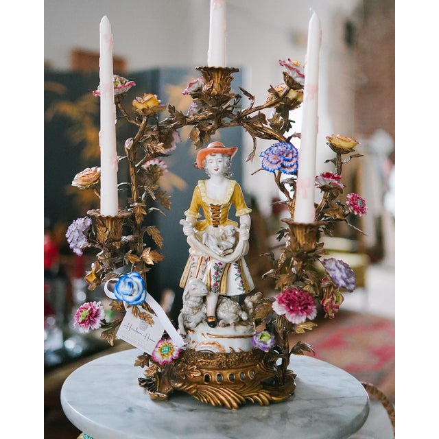 Vintage Rococo Revival Floral Candelabrum with Shepherdess Figure A truly enchanting statement piece, this romantic five-...