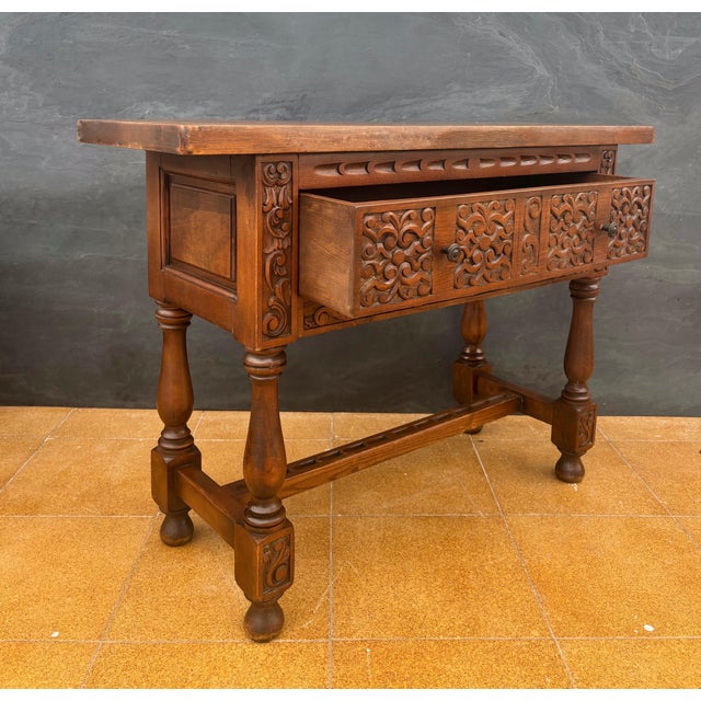 Brown 1940s Spanish Renaissance Low Console Table with Carved Front and Single Drawer For Sale - Image 8 of 13