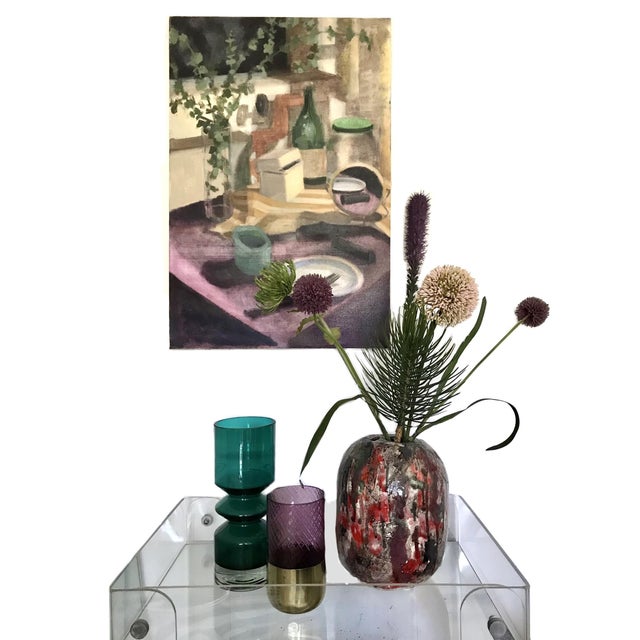 Contemporary Signed Contemporary Still Life Painting, 1990s Abstract Wall Art Purple Beige For Sale - Image 3 of 8