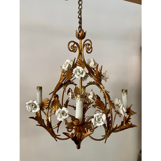 Vintage Italian Style Gilt Tole Chandelier With Porcelain Roses For Sale In Los Angeles - Image 6 of 12
