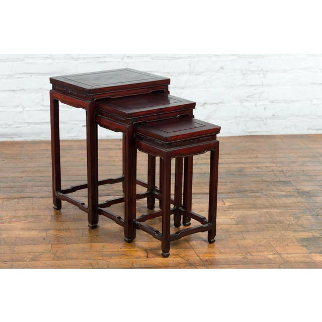 Chinese Vintage Rosewood Nesting Tables with Reddish Brown Patina - Set of 3 For Sale - Image 4 of 9