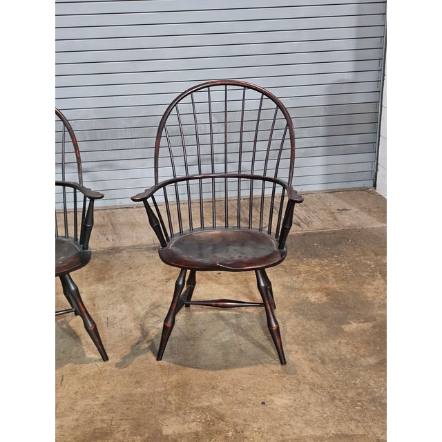 Late 20th Century Pair of d.r. Dimes Sack Back Windsor Arm Chairs Bench Made Black Crackle Finish For Sale - Image 9 of 9