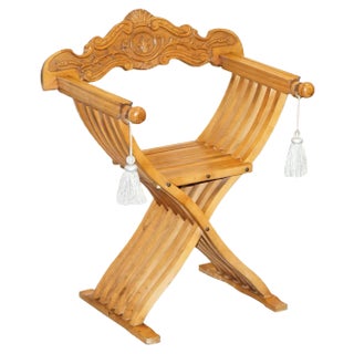 Folding Savonarola Armchair with Silk Hanging Tassels & Carvings For Sale