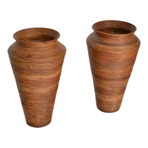 Pair, Bohemian Pencil Reed Bamboo Handcrafted Tall Cone Shape Floor Vases