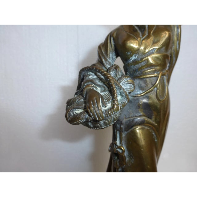 Vintage Asian Woman Figurine Holding Basket Bronze Sculpture For Sale - Image 9 of 12