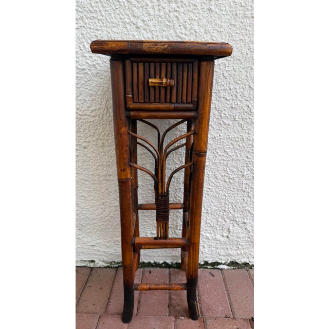 Vintage Tortoiseshell Rattan Plant Stand Side End Table With Drawer For Sale In Miami - Image 6 of 8
