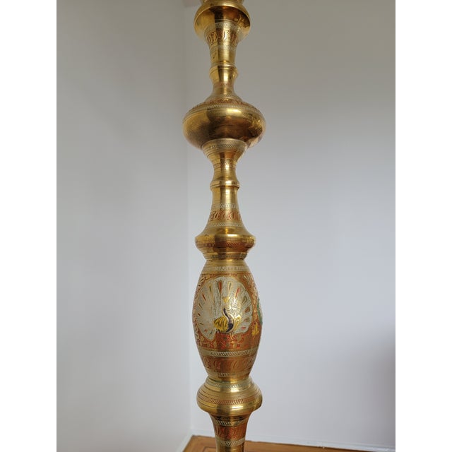 Vintage Hand Painted Brass Floor Lamp From India For Sale - Image 15 of 16